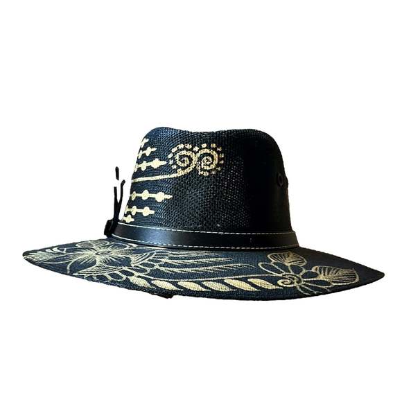 HAT MEXICAN Fiber Hand Painted Fedora Floral Sombrero Panama Bohemian Black Gold - Picture 11 of 12
